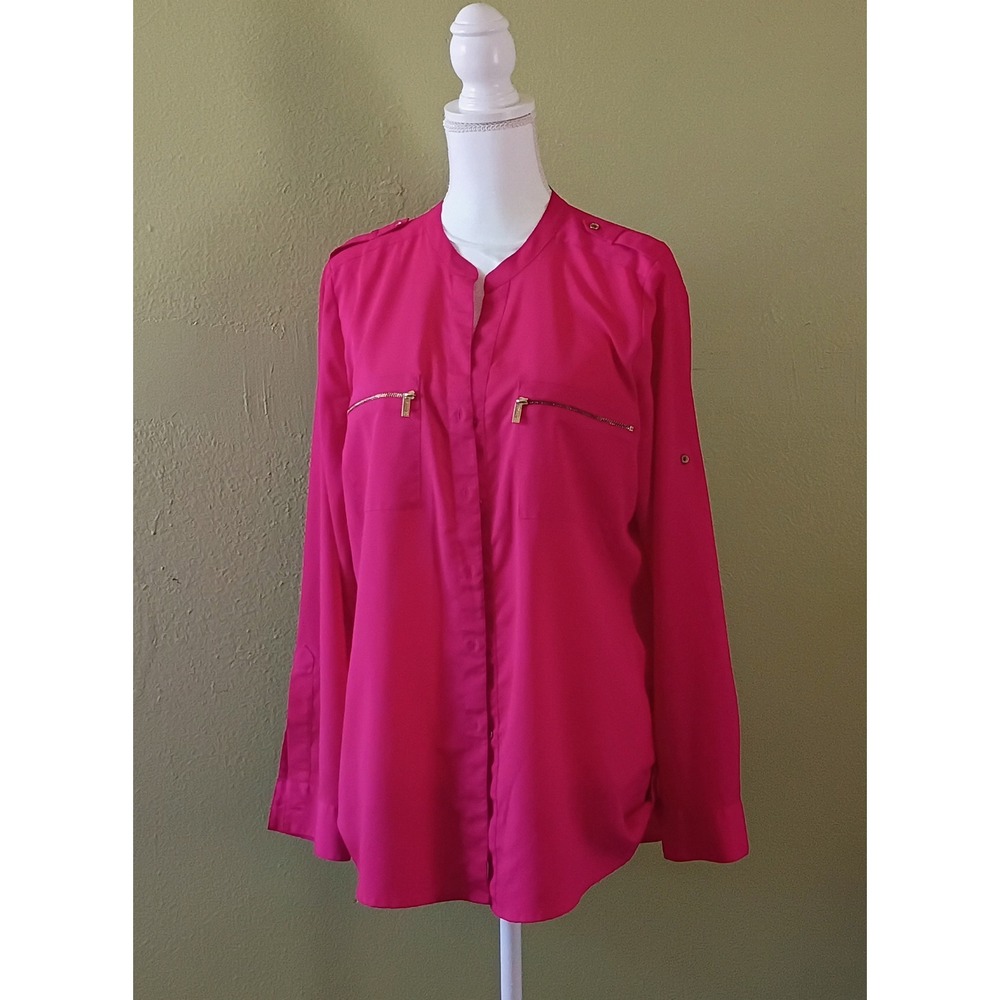 90s Glam Barbiecore Calvin Klein Magenta Gold Zip Pocket Blouse Size Large